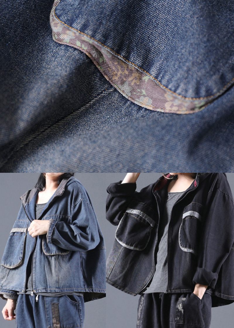 Blue Pockets Jeansjacka Zip Up Spring - Blå