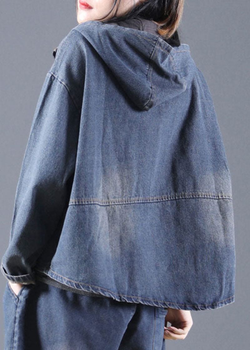 Blue Pockets Jeansjacka Zip Up Spring - Blå