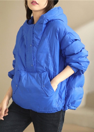 Blue Pockets Patchwork Duck Down Coat Hooded Long Sleeve