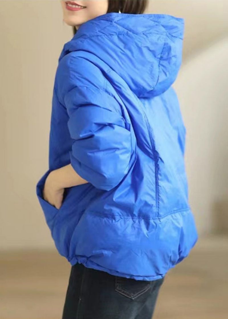 Blue Pockets Patchwork Duck Down Coat Hooded Long Sleeve - Vinterkappor för kvinnor