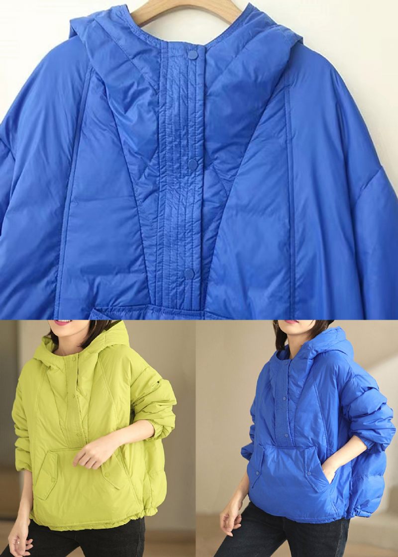 Blue Pockets Patchwork Duck Down Coat Hooded Long Sleeve - Vinterkappor för kvinnor