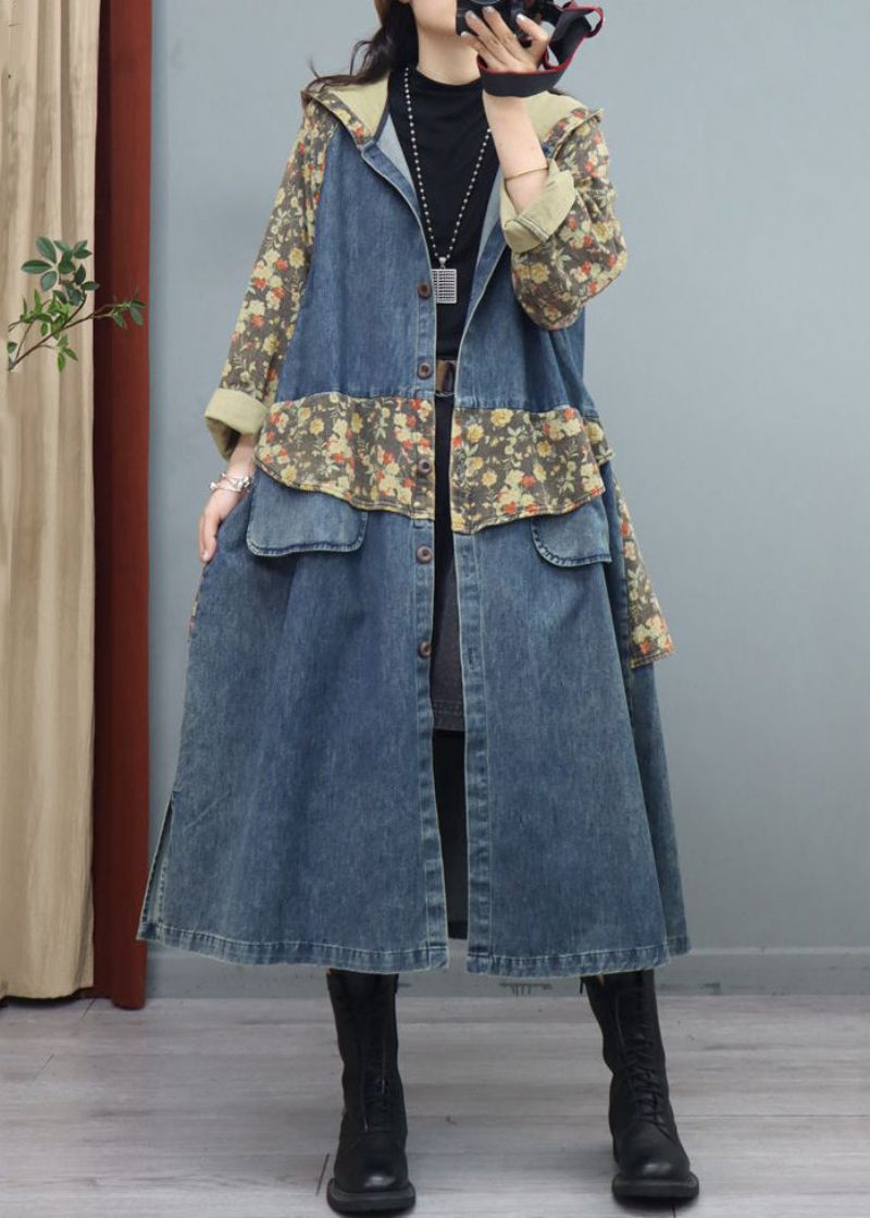 Blue Print Button Patchwork Denim Coat Asymmetrisk Långärmad