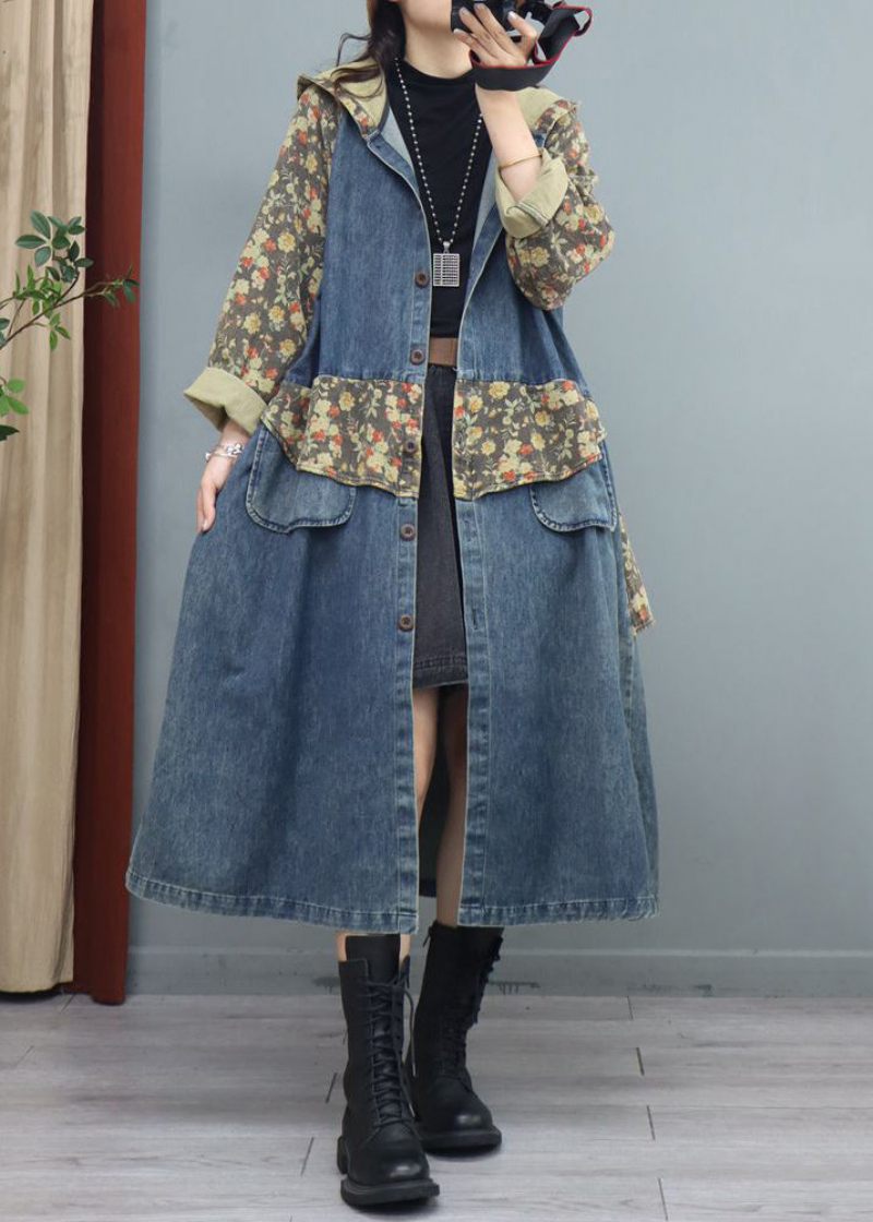 Blue Print Button Patchwork Denim Coat Asymmetrisk Långärmad - Vinterkappor för kvinnor