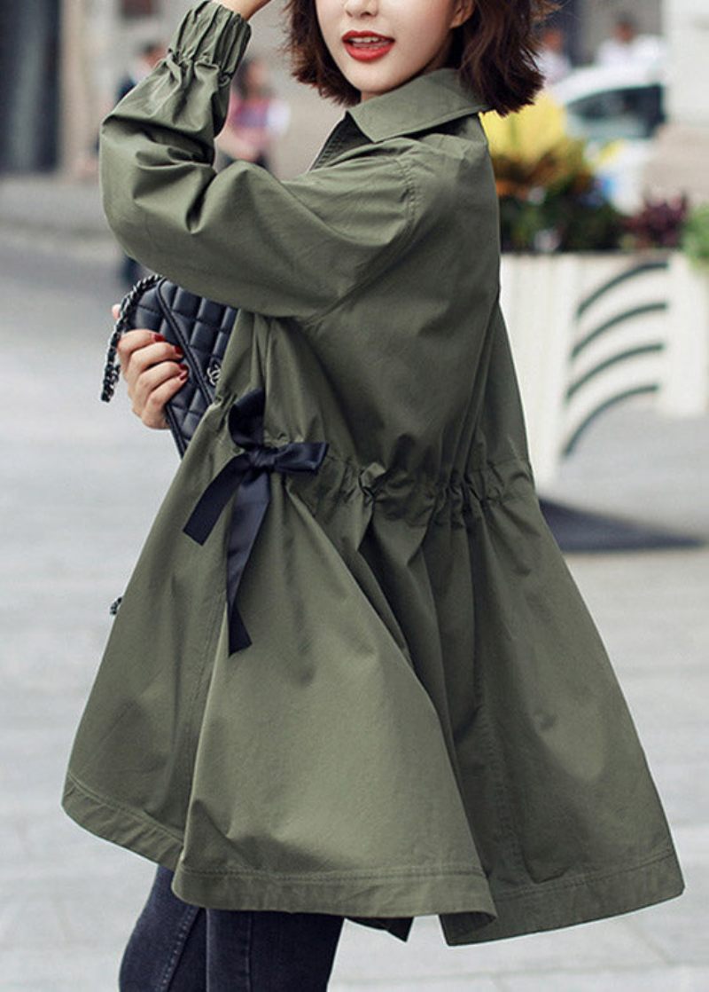 Bohemian Army Green Peter Pan Krage Dragkedja Bomull Långa Trenchcoats Spring