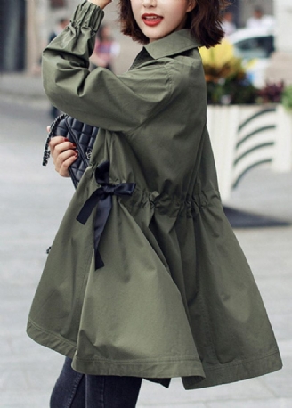 Bohemian Army Green Peter Pan Krage Dragkedja Bomull Långa Trenchcoats Spring