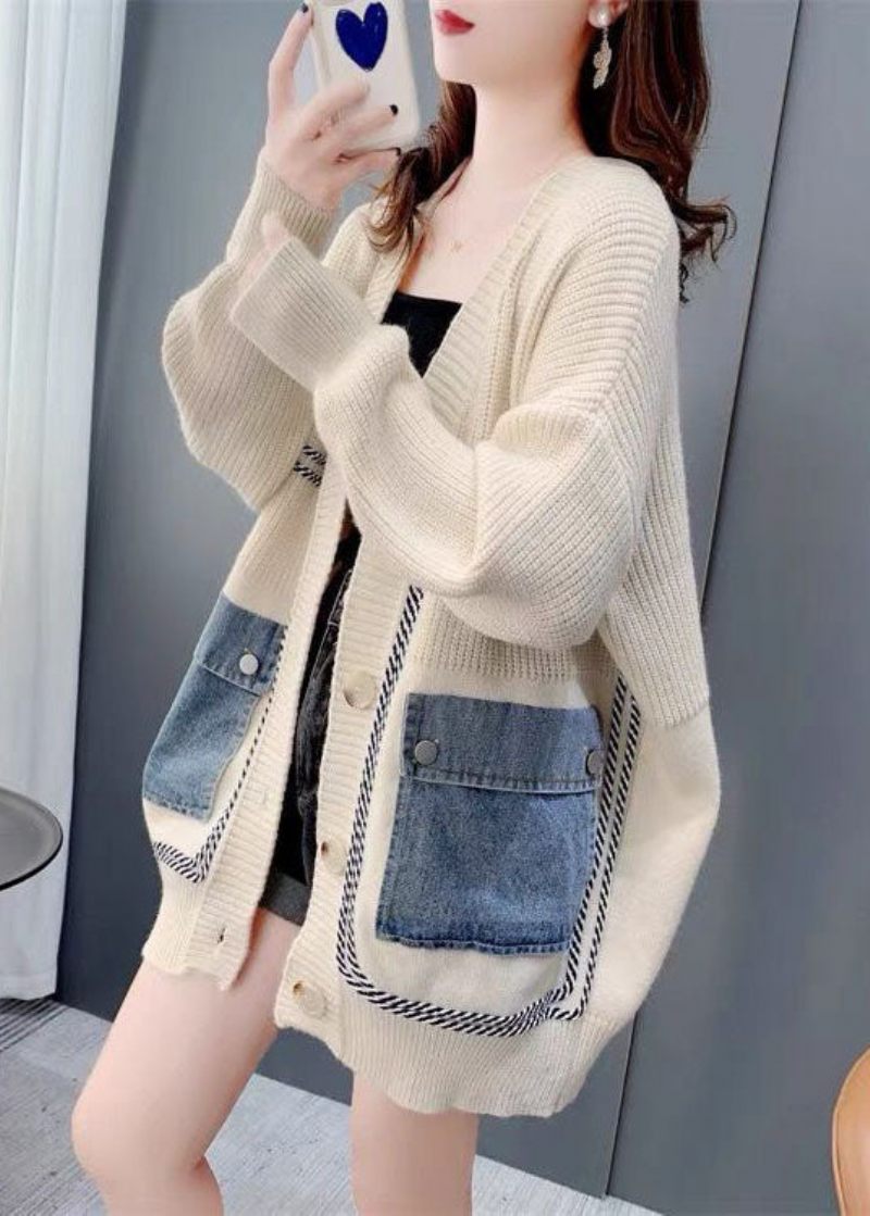 Bohemian Beige Oversized Denim Patchwork Stickad Cardigan Winter