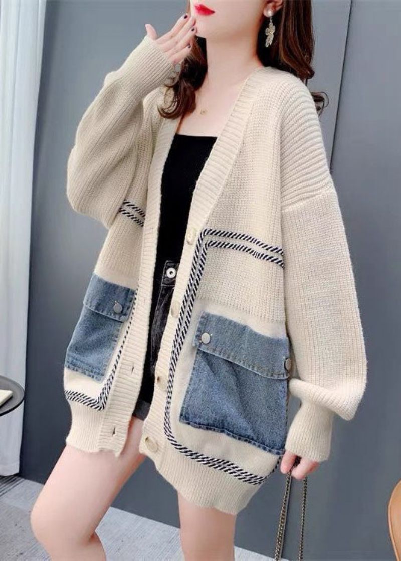 Bohemian Beige Oversized Denim Patchwork Stickad Cardigan Winter - Koftor för kvinnor