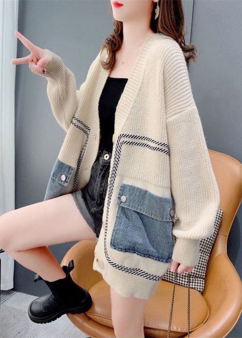 Bohemian Beige Oversized Denim Patchwork Stickad Cardigan Winter - Koftor för kvinnor