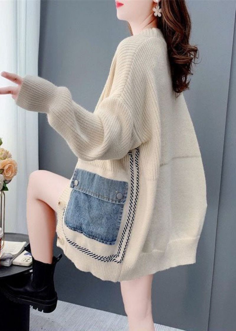 Bohemian Beige Oversized Denim Patchwork Stickad Cardigan Winter - Koftor för kvinnor