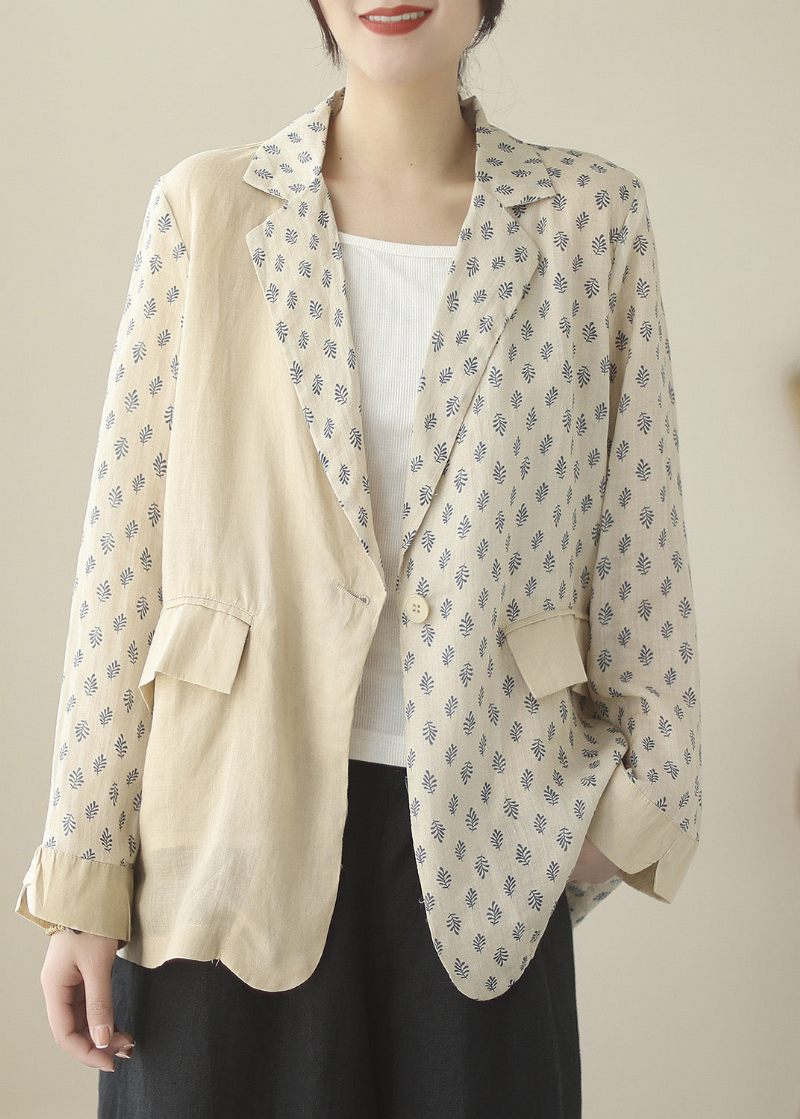 Bohemian Beige Peter Pan Collar Print Ramie Coats Långärmad