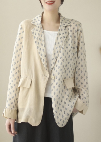 Bohemian Beige Peter Pan Collar Print Ramie Coats Långärmad