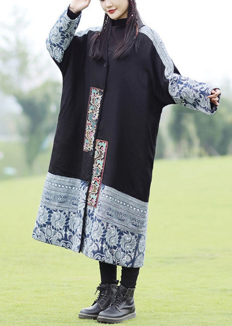 Bohemian Black Brodered Patchwork Fin Cotton Fylld Coat Spring