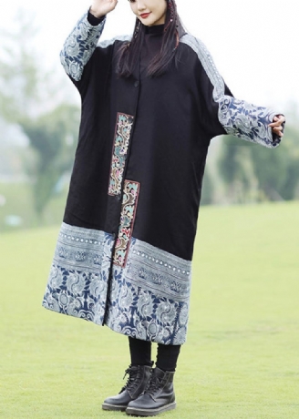 Bohemian Black Brodered Patchwork Fin Cotton Fylld Coat Spring