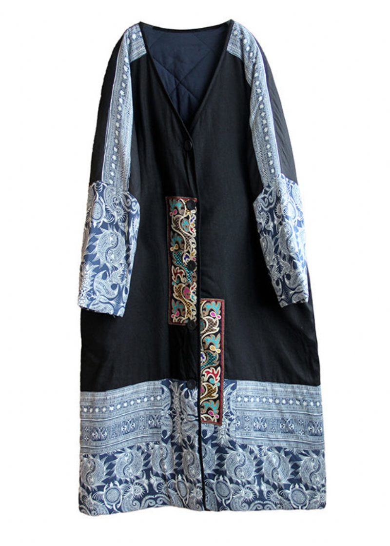 Bohemian Black Brodered Patchwork Fin Cotton Fylld Coat Spring - Dunjackor för kvinnor