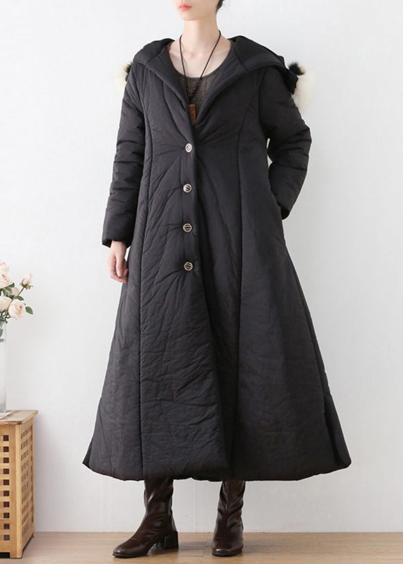 Bohemian Black Button Hooded Long Parka Winter - Svart