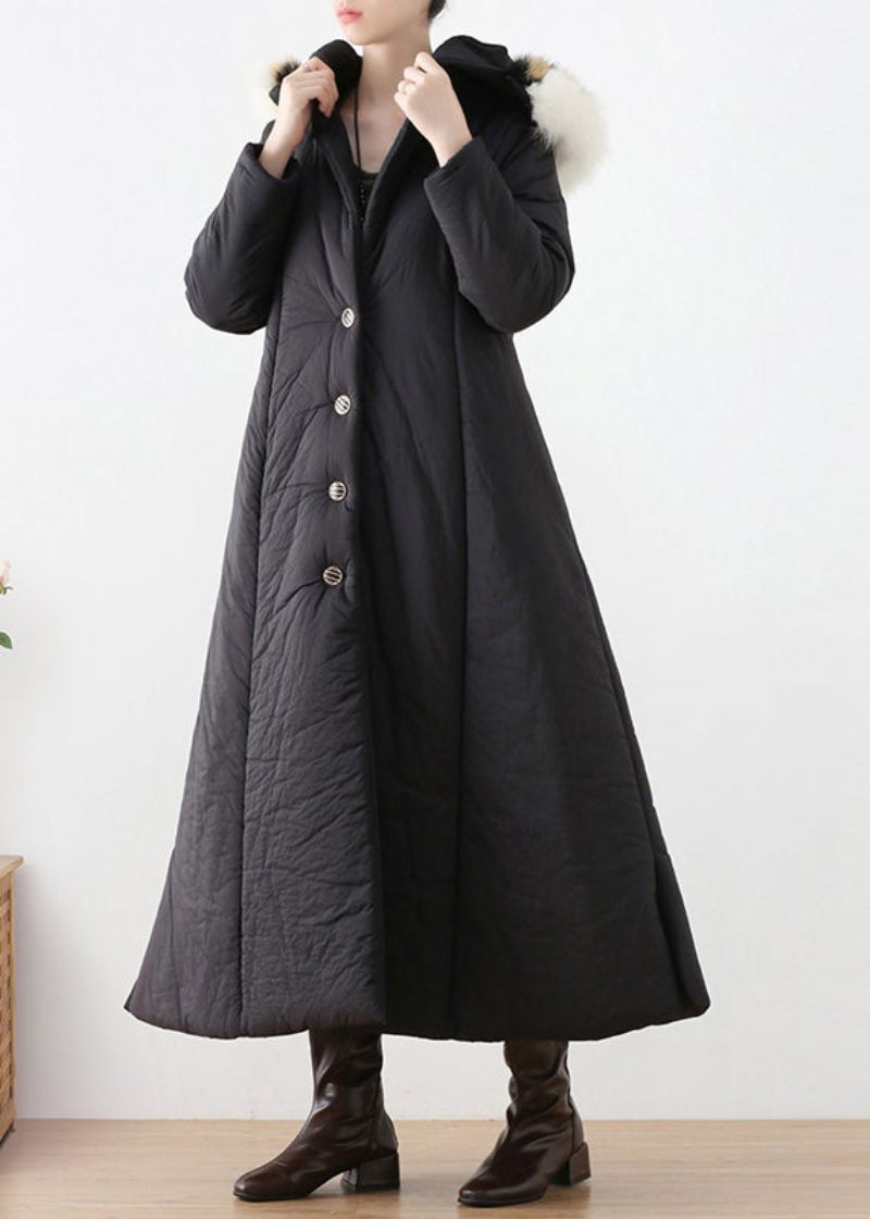 Bohemian Black Button Hooded Long Parka Winter - Svart