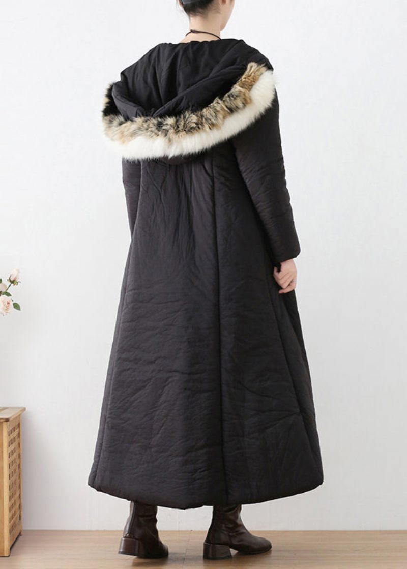 Bohemian Black Button Hooded Long Parka Winter - Svart