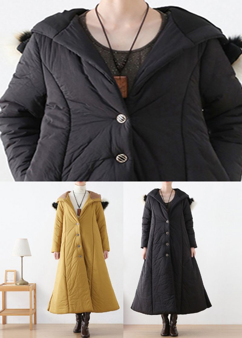 Bohemian Black Button Hooded Long Parka Winter - Svart