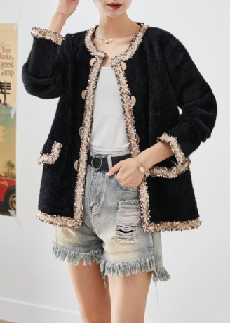 Bohemian Black Double Breast Patchwork Mink Velvet Coats Fall