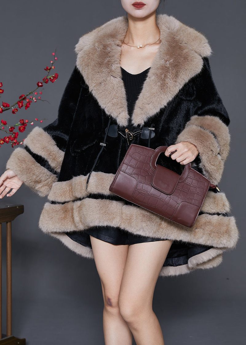 Bohemian Black Fur Krage Oversized Fuzzy Fur Fluffy Coat Vinter