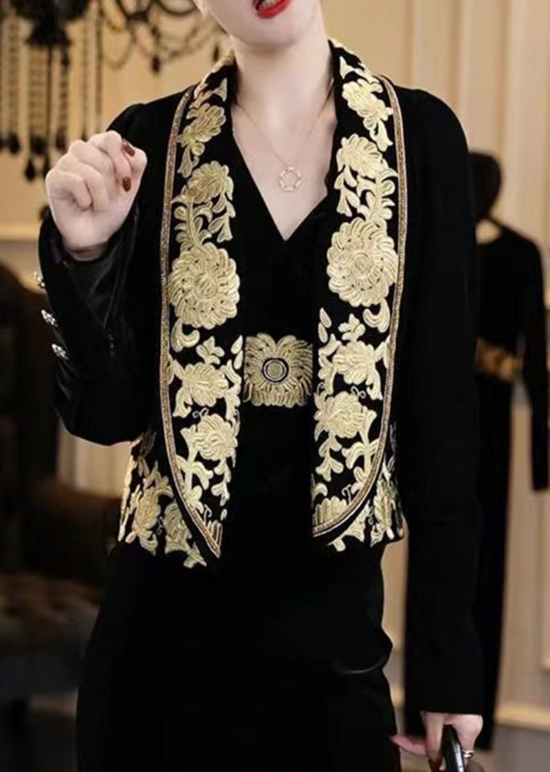 Bohemian Black Handmade Brodered Velour Coats Spring