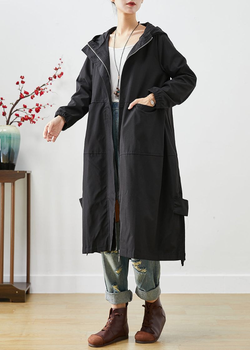 Bohemian Black Hooded Patchwork Fickor Spandex Coat Ytterkläder Höst - Trenchcoats för kvinnor