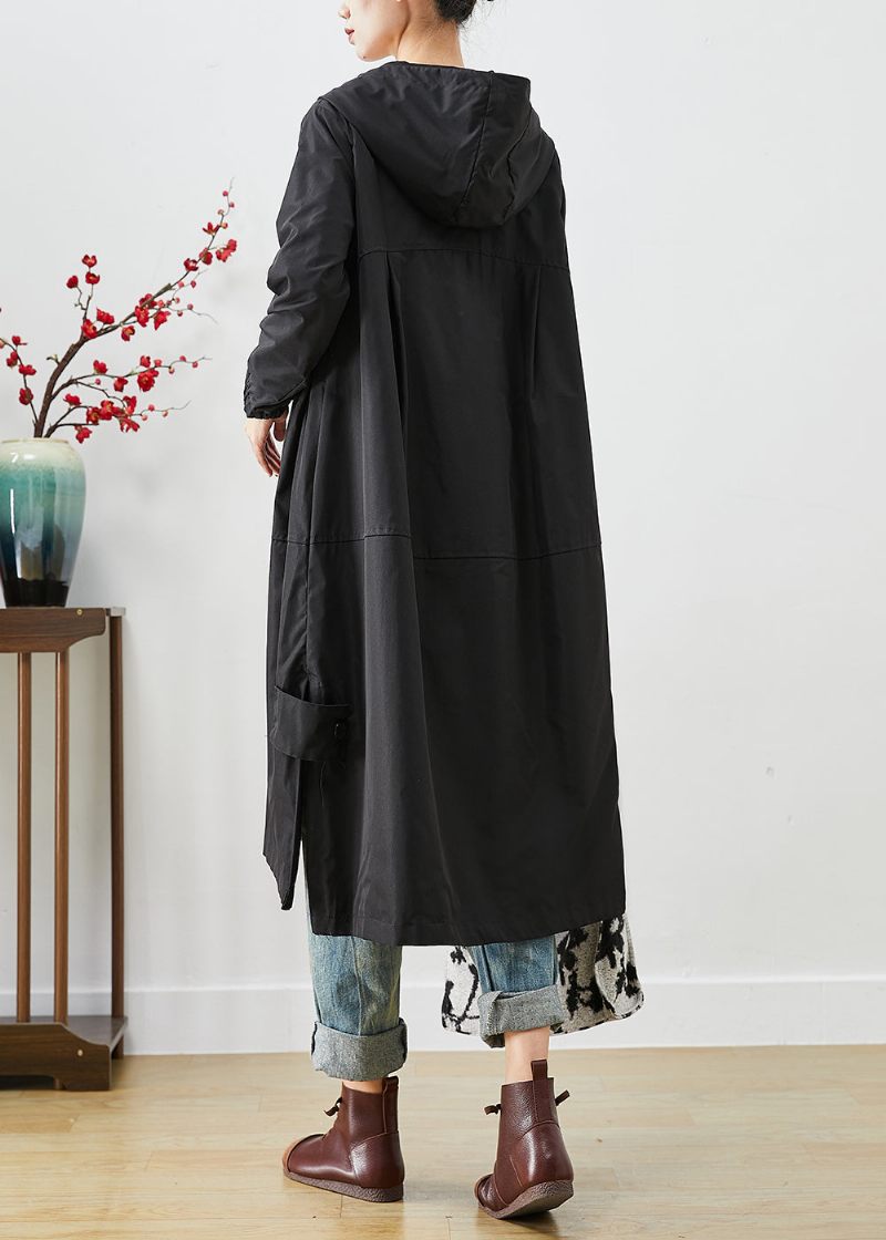 Bohemian Black Hooded Patchwork Fickor Spandex Coat Ytterkläder Höst - Trenchcoats för kvinnor