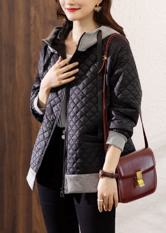 Bohemian Black Hooded Zippered Patchwork Cotton Coat Winter