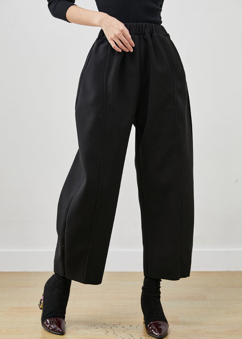 Bohemian Black Oversized Elastisk Midja Woolen Crop Pants Spring