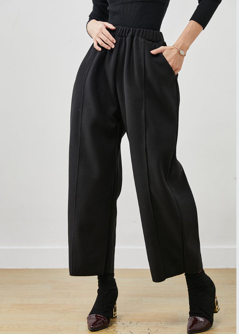 Bohemian Black Oversized Elastisk Midja Woolen Crop Pants Spring - Ullrockar för kvinnor