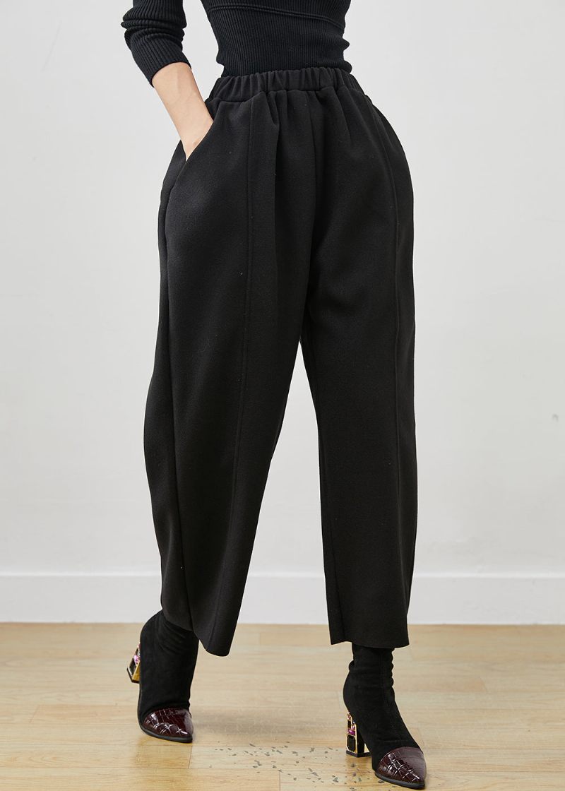 Bohemian Black Oversized Elastisk Midja Woolen Crop Pants Spring - Ullrockar för kvinnor