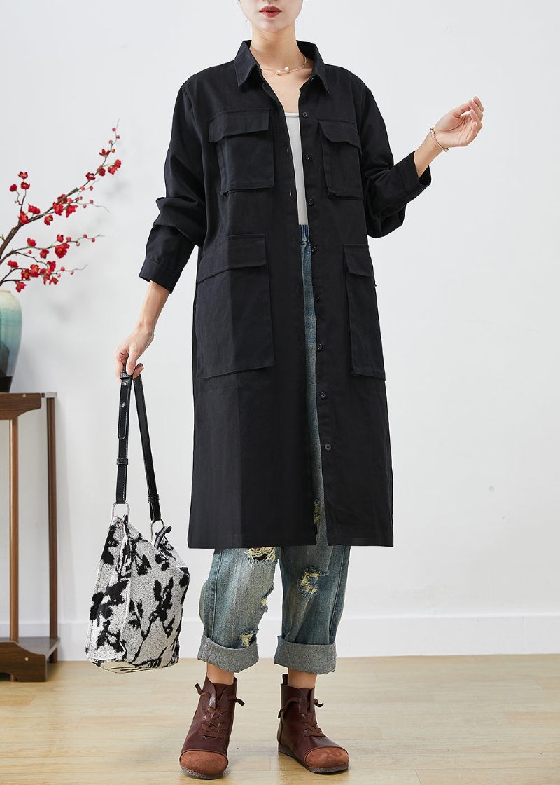 Bohemian Black Oversized Fickor Bomull Trench Fall - Trenchcoats för kvinnor