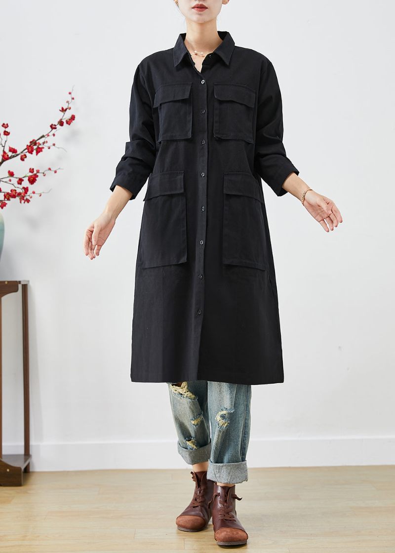 Bohemian Black Oversized Fickor Bomull Trench Fall - Trenchcoats för kvinnor