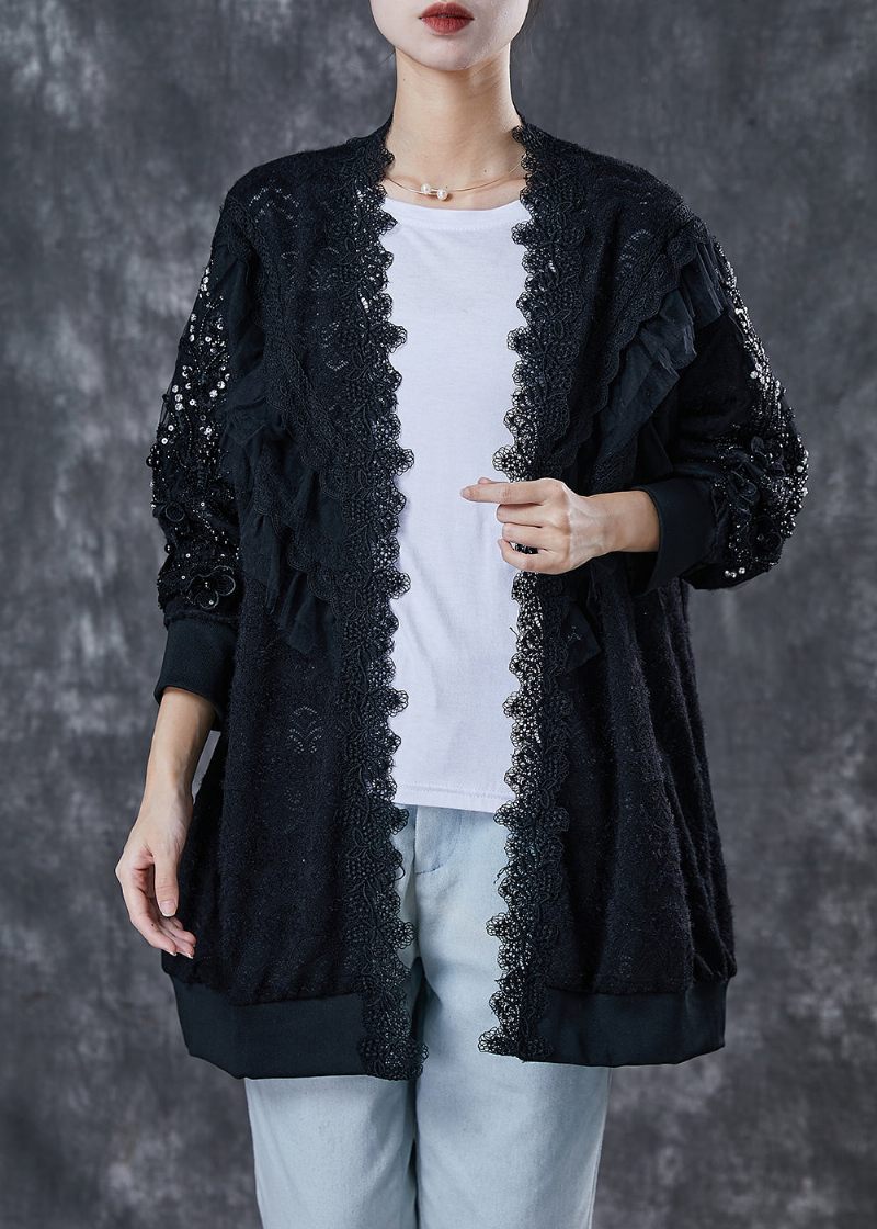 Bohemian Black Oversized Patchwork Lace Cardigan Spring - Koftor för kvinnor