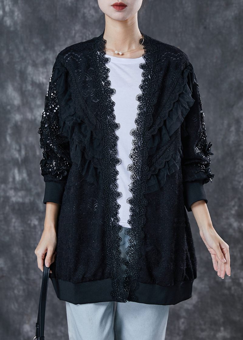 Bohemian Black Oversized Patchwork Lace Cardigan Spring - Koftor för kvinnor