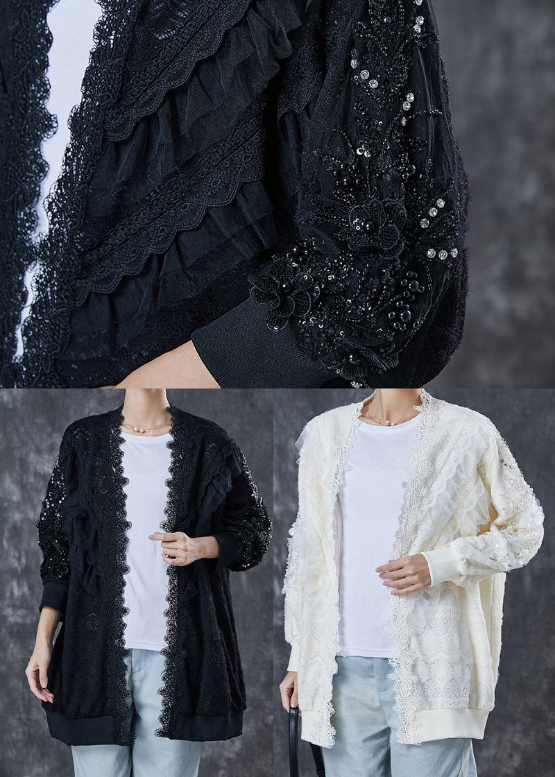 Bohemian Black Oversized Patchwork Lace Cardigan Spring - Koftor för kvinnor