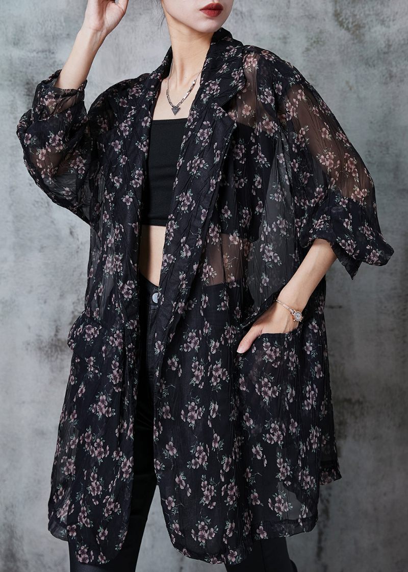 Bohemian Black Oversized Print Chiffong Cardigan Summer - Koftor för kvinnor