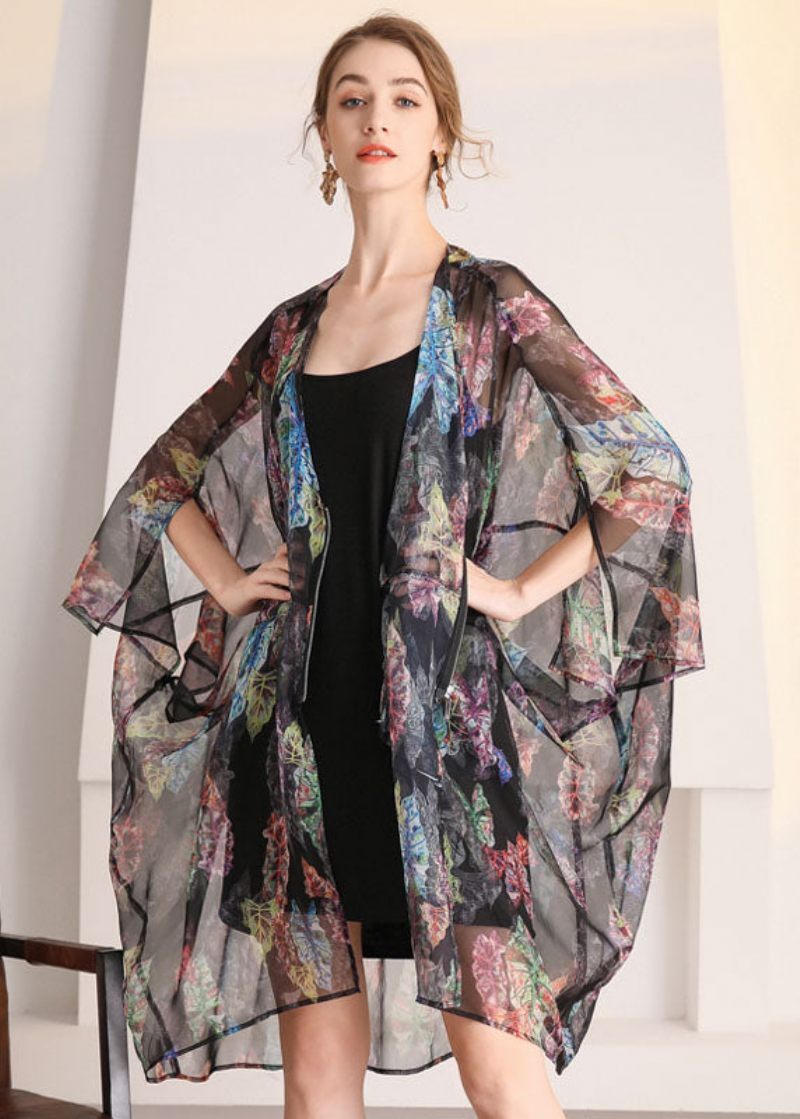 Bohemian Black Oversized Print Hollow Out Tulle Cardigan Summer - Koftor för kvinnor