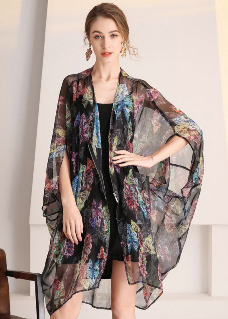 Bohemian Black Oversized Print Hollow Out Tulle Cardigan Summer - Koftor för kvinnor