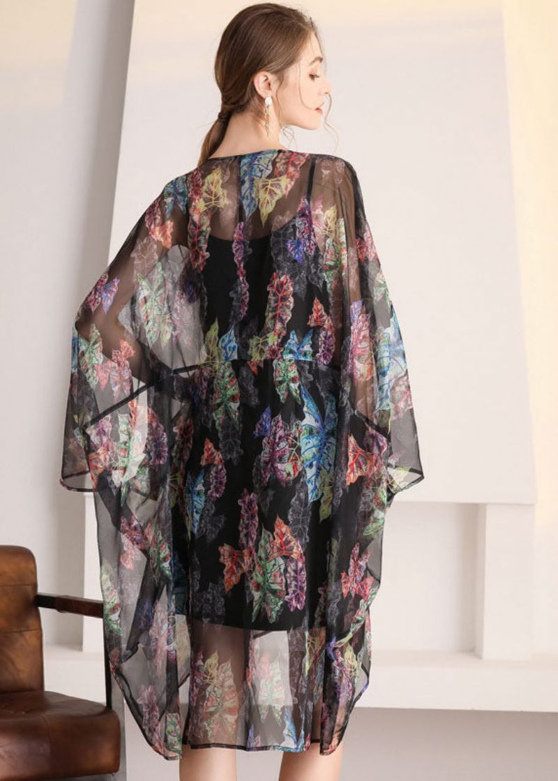 Bohemian Black Oversized Print Hollow Out Tulle Cardigan Summer - Koftor för kvinnor