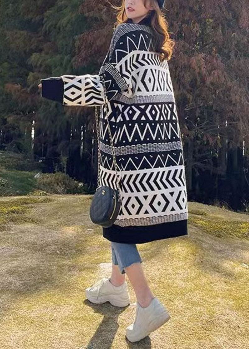 Bohemian Black Oversized Print Tjockstickad Lös Cardigan Winter - Koftor för kvinnor