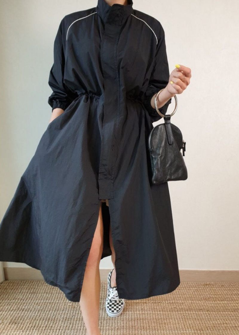 Bohemian Black Stand Krage Fickor Patchwork Cotton Trench Jackor Spring - Trenchcoats för kvinnor