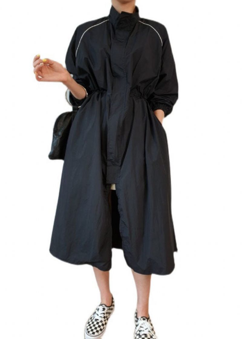 Bohemian Black Stand Krage Fickor Patchwork Cotton Trench Jackor Spring - Trenchcoats för kvinnor