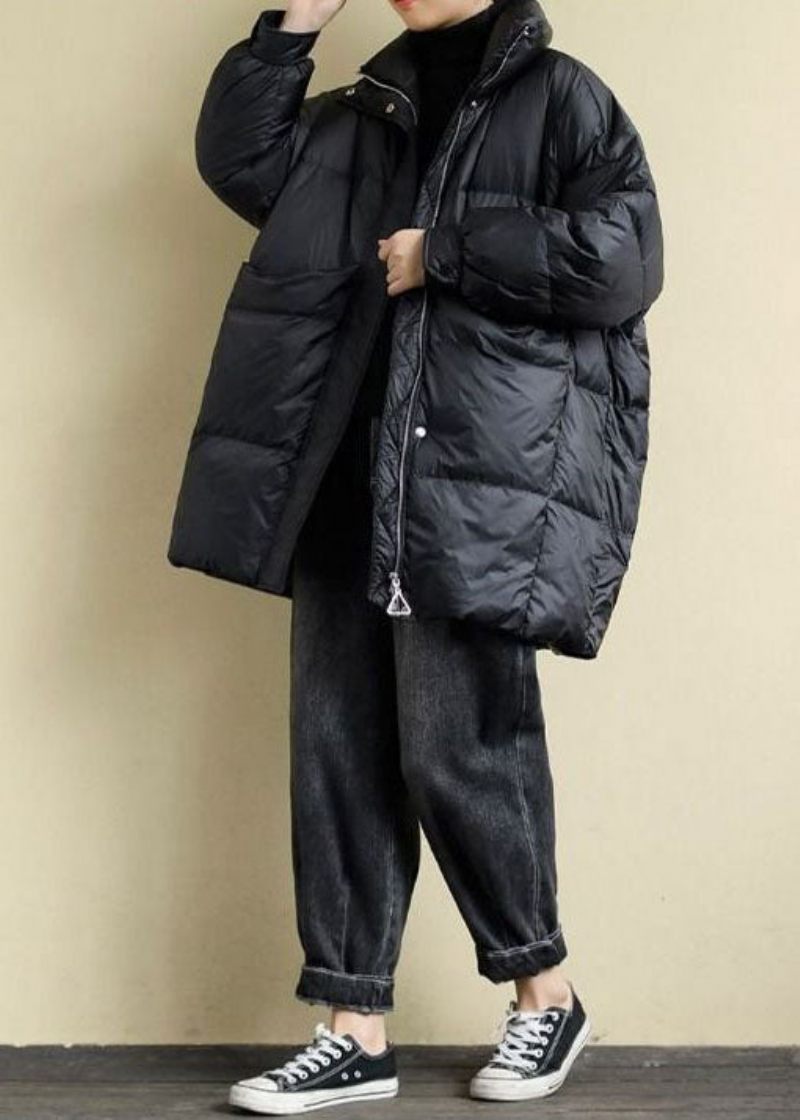 Bohemian Black Stand Krage Oversized Fickor Duck Down Puffers Jackor Vinter - Dunjackor för kvinnor