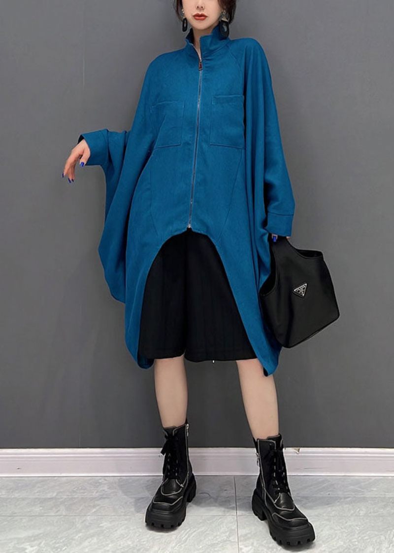 Bohemian Blue Asymmetrisk Design Blixtlås Coat Coton Höst