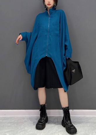 Bohemian Blue Asymmetrisk Design Blixtlås Coat Coton Höst