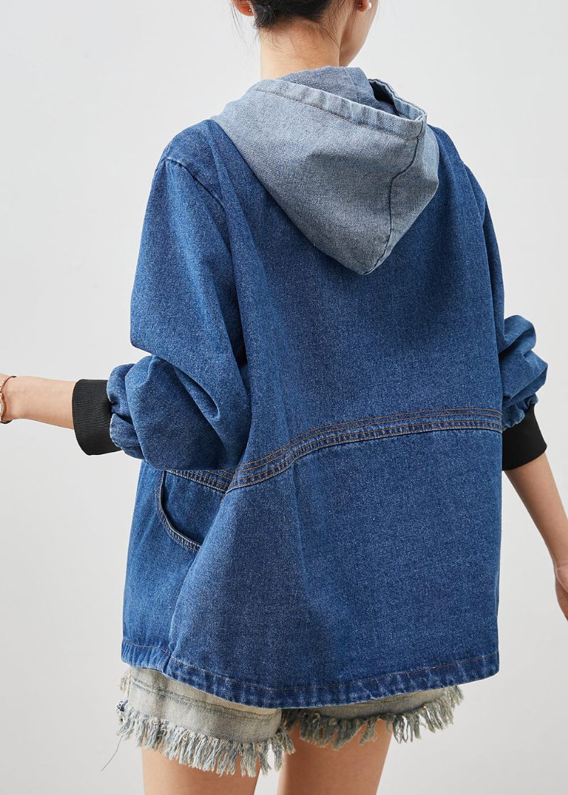 Bohemian Blue Hooded Patchwork Jeansjackor Vår - Vinterkappor för kvinnor