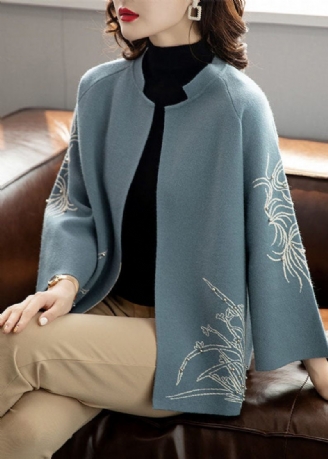 Bohemian Blue O-neck Print Woolen Loose Coat Långärmad