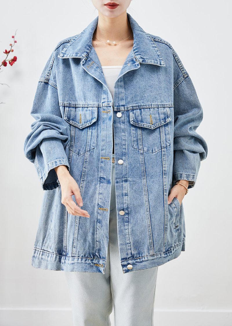 Bohemian Blue Oversized Applique Jeansjacka Höst - Vinterkappor för kvinnor