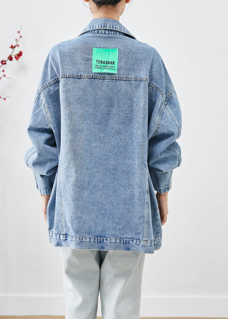 Bohemian Blue Oversized Applique Jeansjacka Höst - Vinterkappor för kvinnor